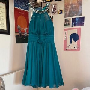 Chic Teal Midi Dress with Beaded Neckline